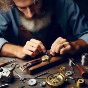 Deneyimli bir saat ustası, antika altın kaplamalı deri kordonlu bir saati onarıyor. Saat parçaları, hassas aletler ve detaylı işçilik öne çıkıyor.