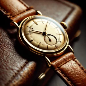 Eski altın kaplamalı deri kordonlu basit bir kol saati. Minimalist tasarımı ve hafif aşınmış altın kaplaması ile nostaljik bir estetik sunuyor.