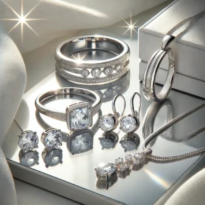 "Şık ve zarif beyaz takı koleksiyonu: Beyaz altın yüzük, gümüş bileklik, beyaz taşlı küpeler ve ışıltılı kolyeden oluşan özel bir set. Lüks ve sofistike bir tasarım!"