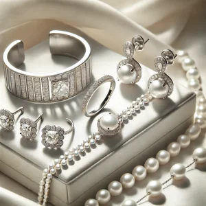 "Lüks beyaz takı koleksiyonu: Beyaz altın nişan yüzüğü, gümüş kelepçe bileklik, pırlanta taşlı küpeler ve zarif inci kolye ile göz alıcı bir kombin. Modern ve sofistike tasarım!"